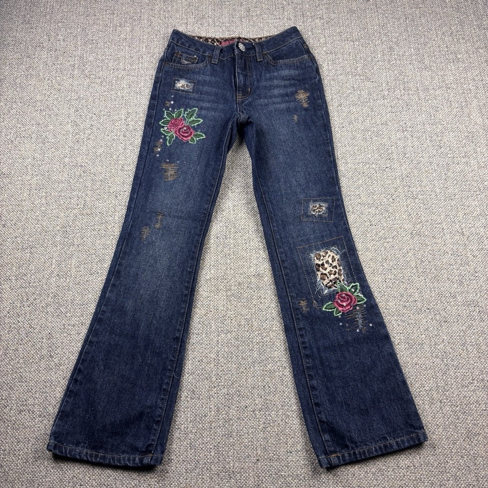 Vintage Y2K Limited Too Girls Flare Jeans Rose & Leopard Patch Distressed Sz 10